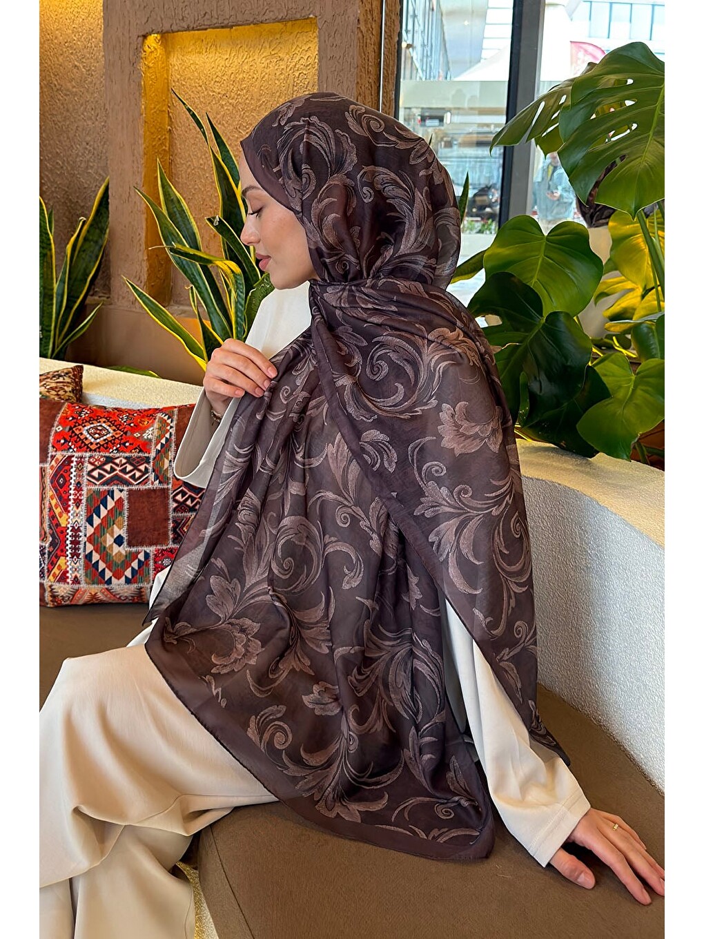 Kahverengi Etnik Desen Ferah Şal Soft Kahve-3