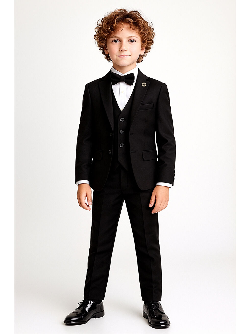 Siyah Erkek Çocuk Pusula Rozetli Papyonlu Ceketli 4’lü Set Takım Elbise Ak2840