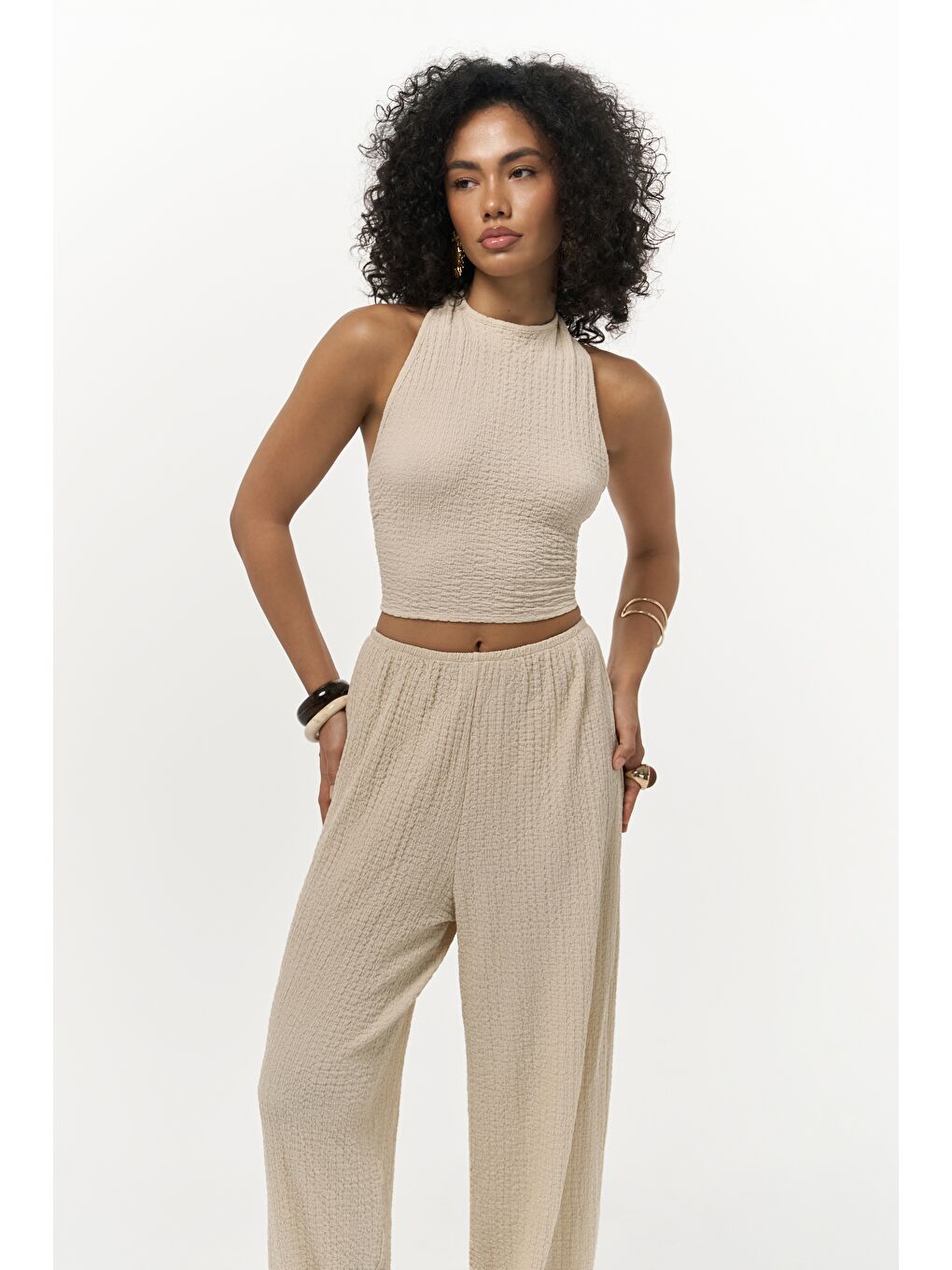 Ayshe Bağlamalı Bej Crop Pantolon Takım-5
