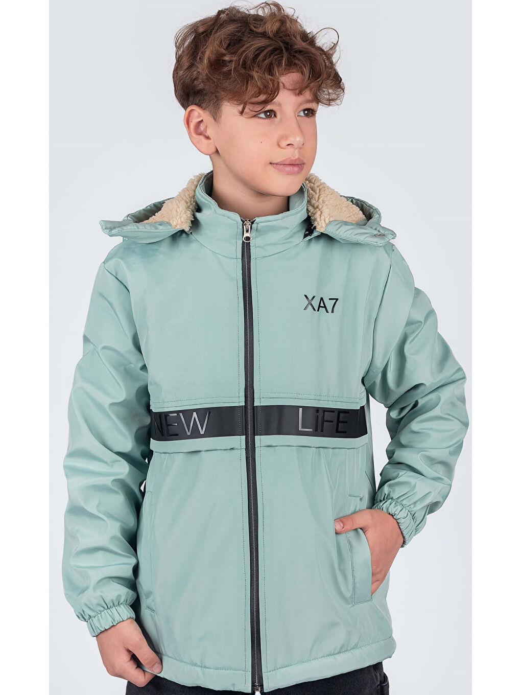 Turkuaz Erkek Çocuk Çıkarılabilir Kapüşonlu New Life Baskılı Kışlık Mont KM7361