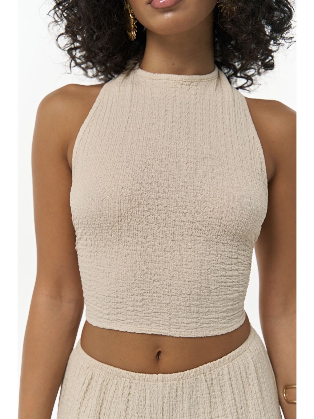 Ayshe Bağlamalı Bej Crop Pantolon Takım-6