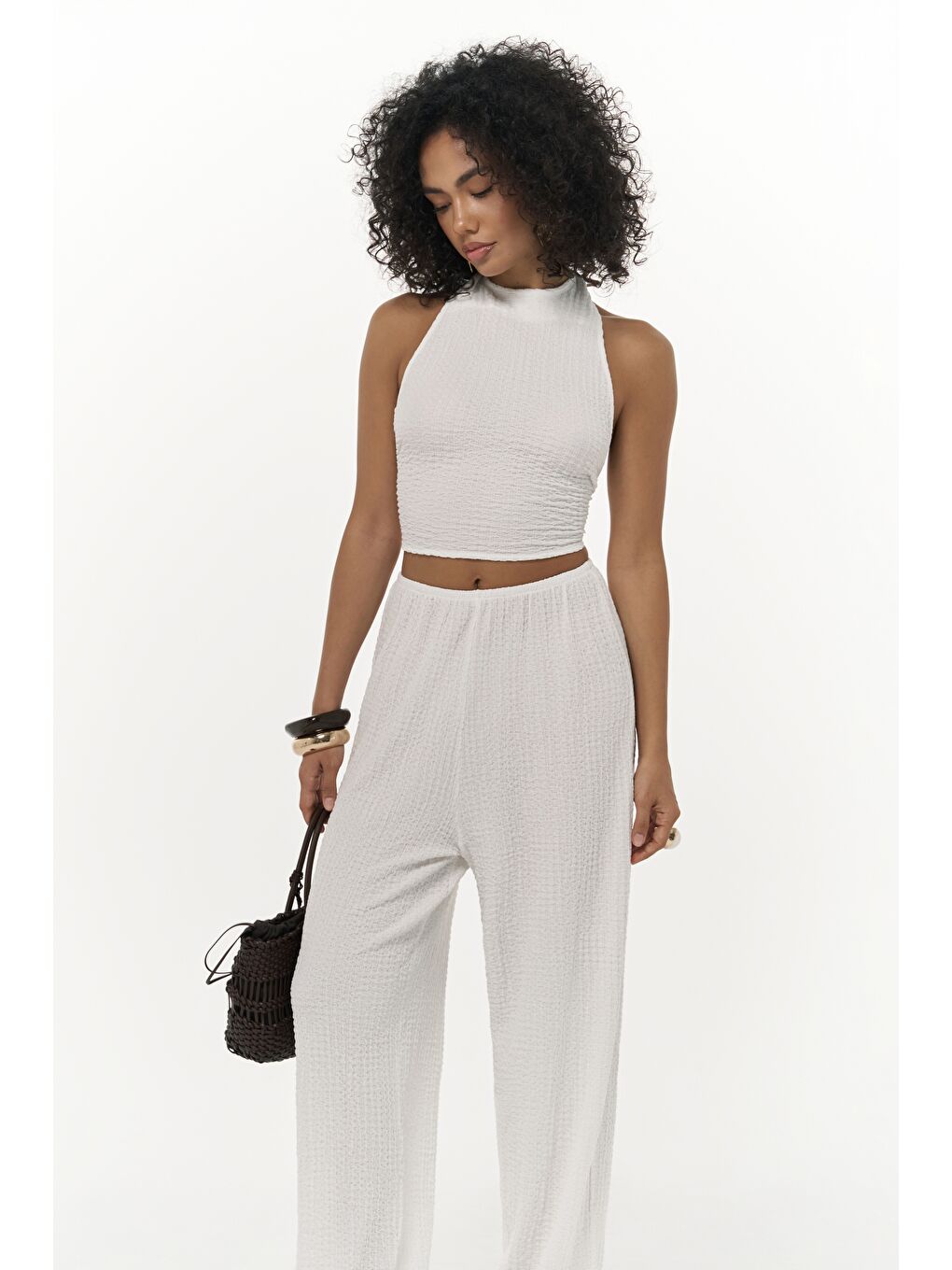 Ayshe Bağlamalı Ekru Crop Pantolon Takım