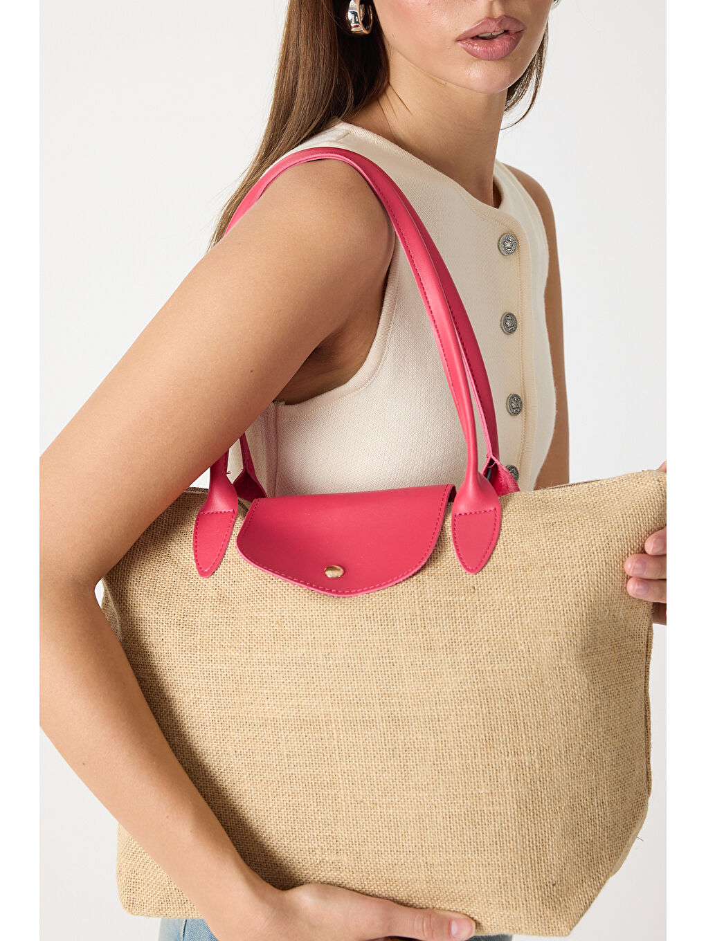 Kadın Fuşya Orta Boy Askılı Hasır El ve Omuz Çantası-2