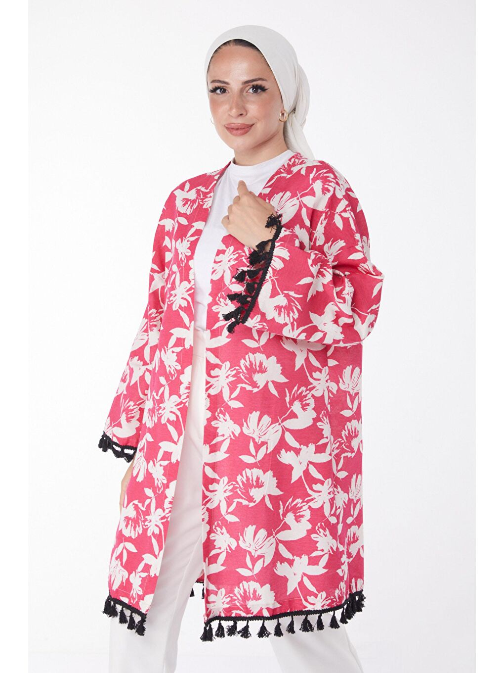 TOFİSA Fuşya Düz Orta Kadın Fuşya Püsküllü Kimono - 13217