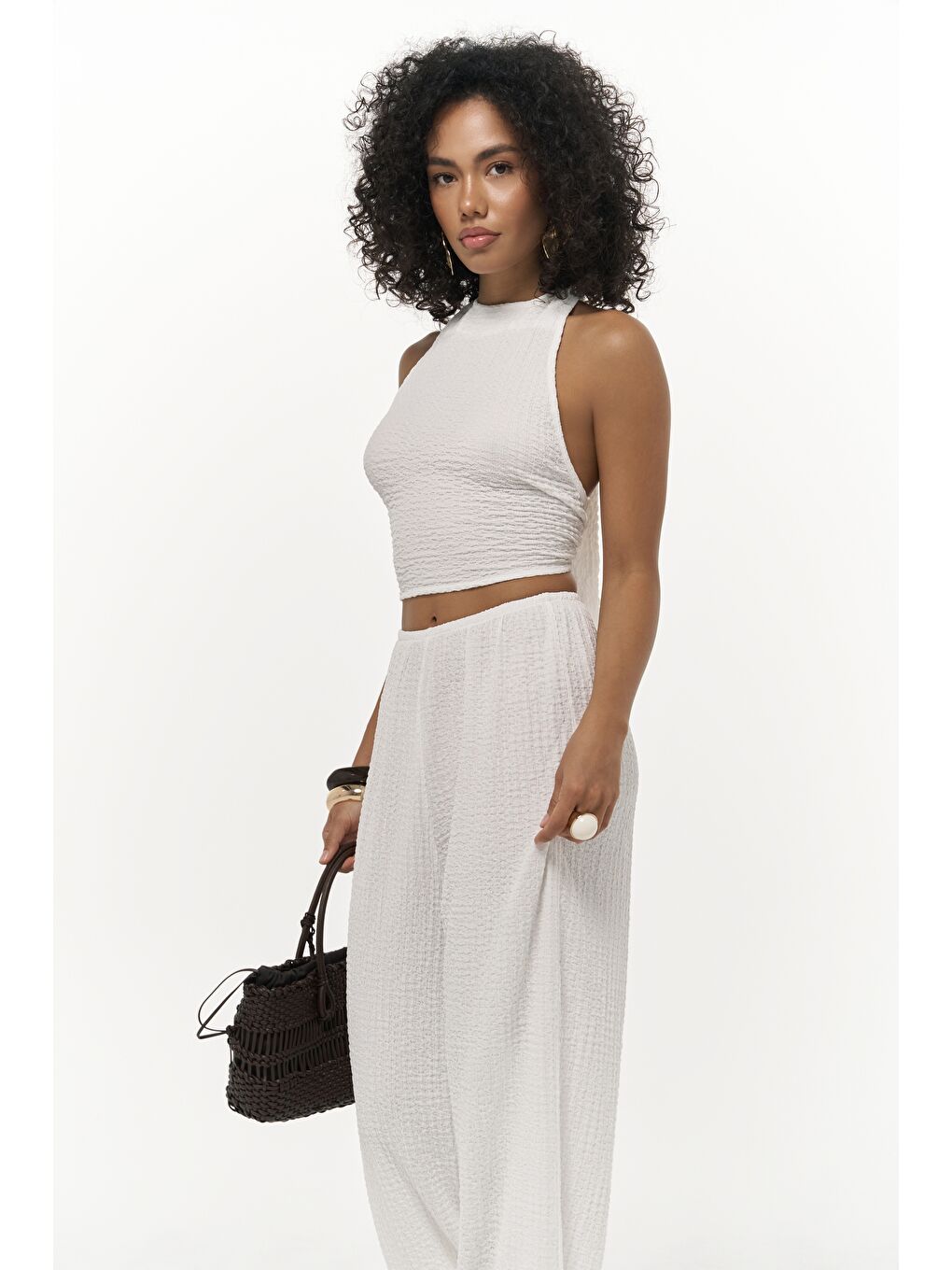 Ayshe Bağlamalı Ekru Crop Pantolon Takım-1