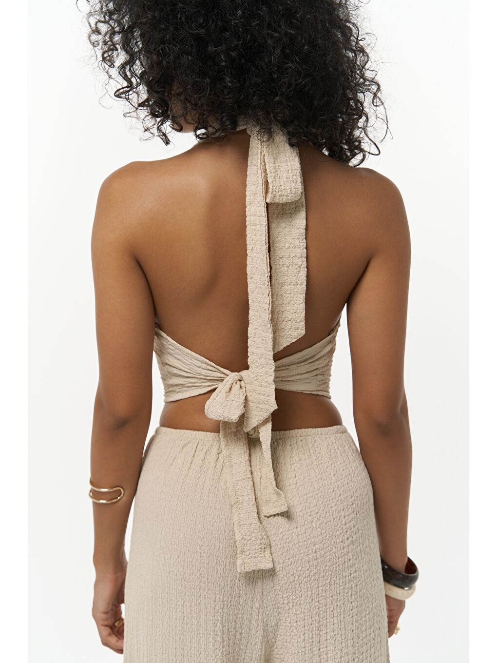 Ayshe Bağlamalı Bej Crop Pantolon Takım-7