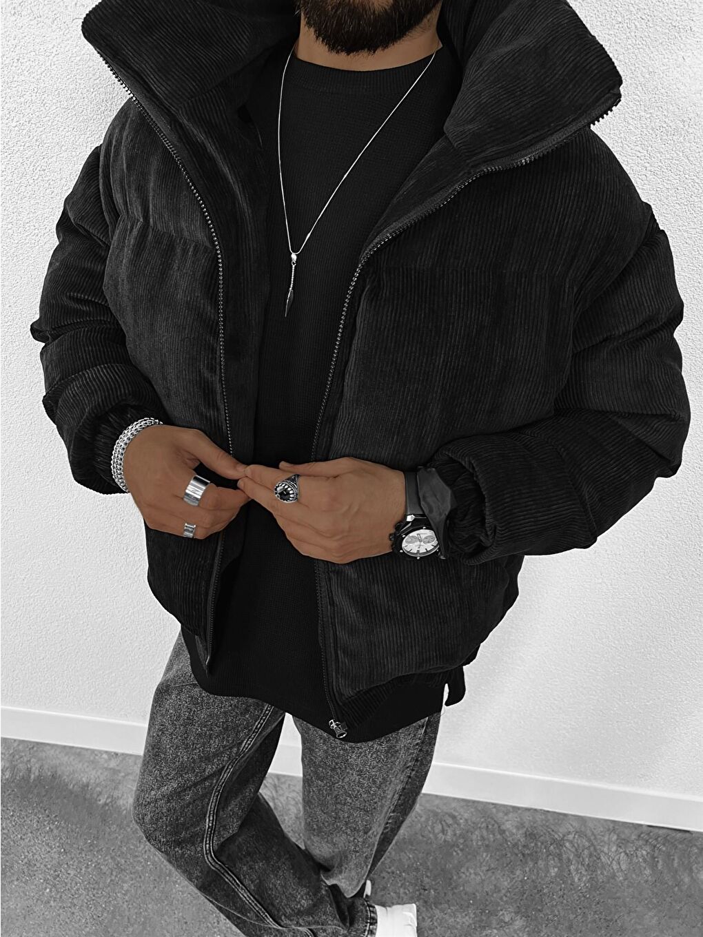 Erkek Dolgulu Fitilli Kadife Mont Siyah-2