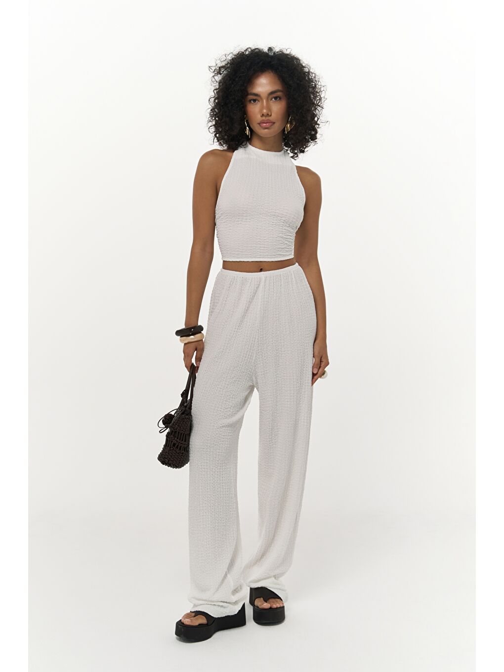 Ayshe Bağlamalı Ekru Crop Pantolon Takım-2