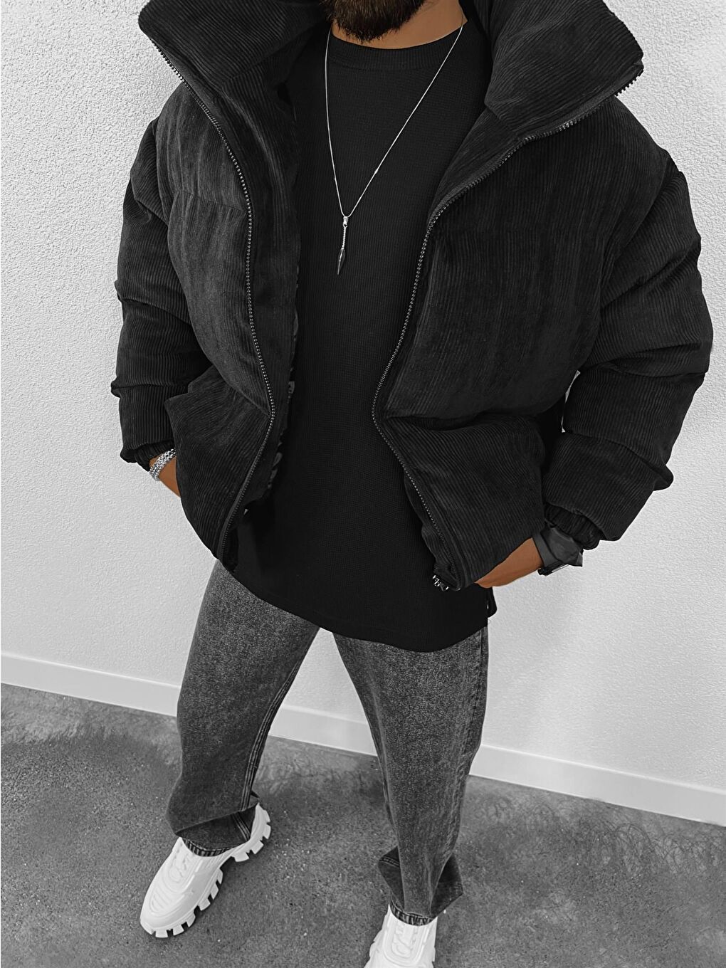 Erkek Dolgulu Fitilli Kadife Mont Siyah-4