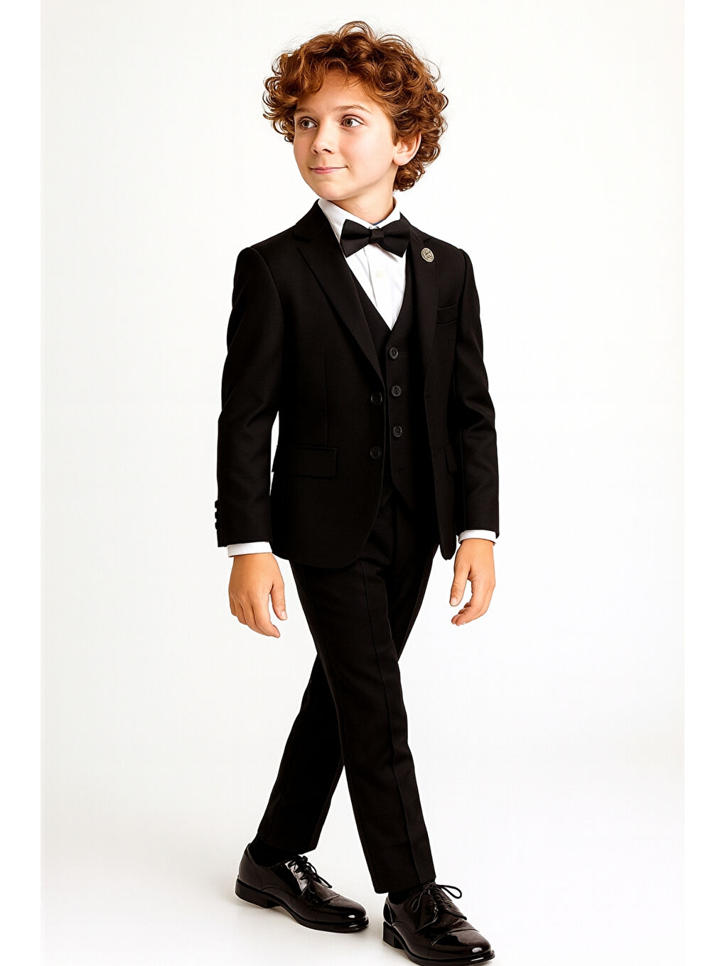 Siyah Erkek Çocuk Pusula Rozetli Papyonlu Ceketli 4’lü Set Takım Elbise Ak2840-1