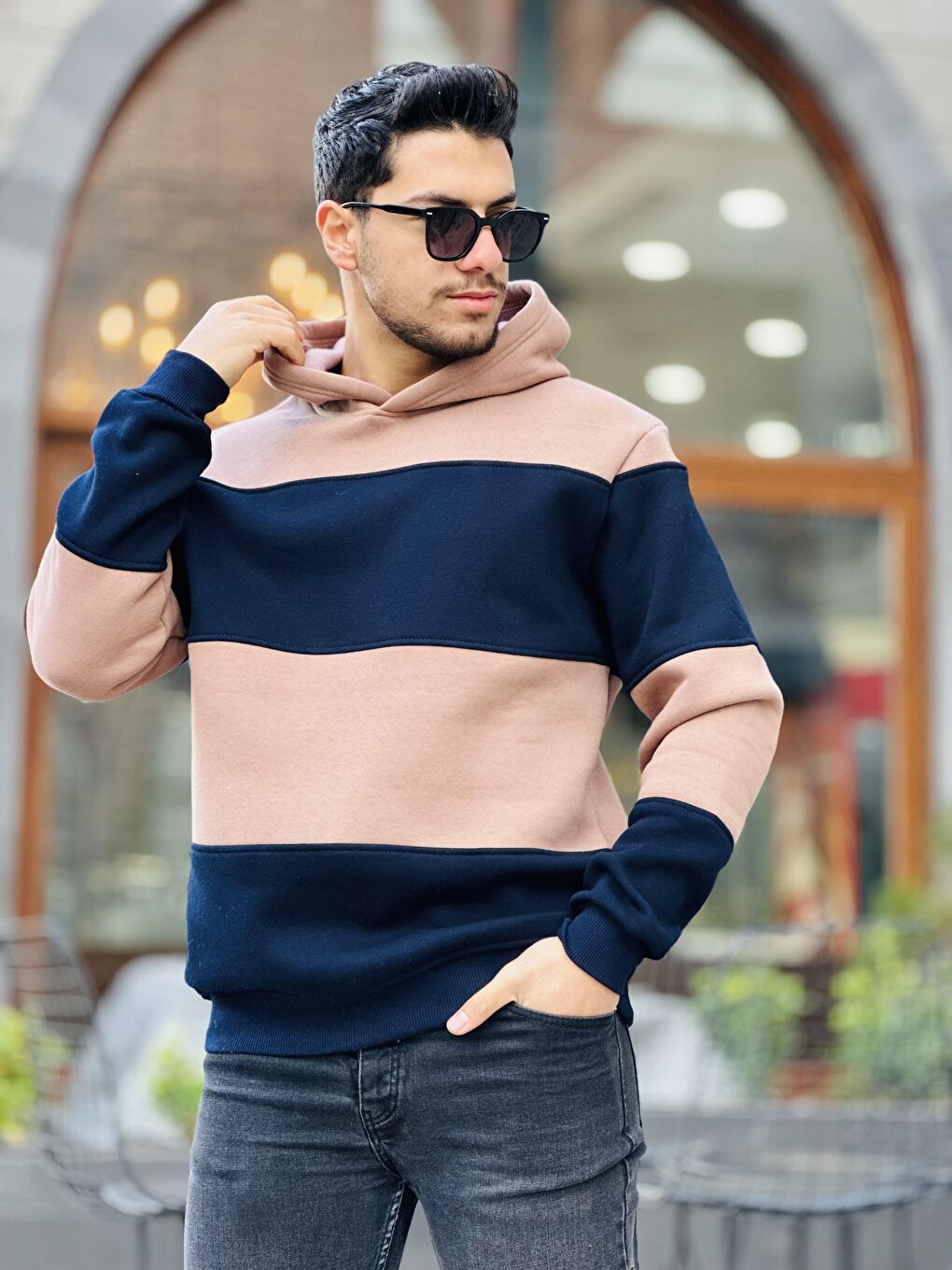 Miron Camel Kamel Lacivert Blok Parçalı Overisize Kapşonlu Üç iplik Sweatshirt