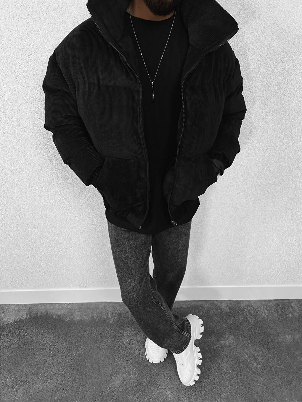 Erkek Dolgulu Fitilli Kadife Mont Siyah-5