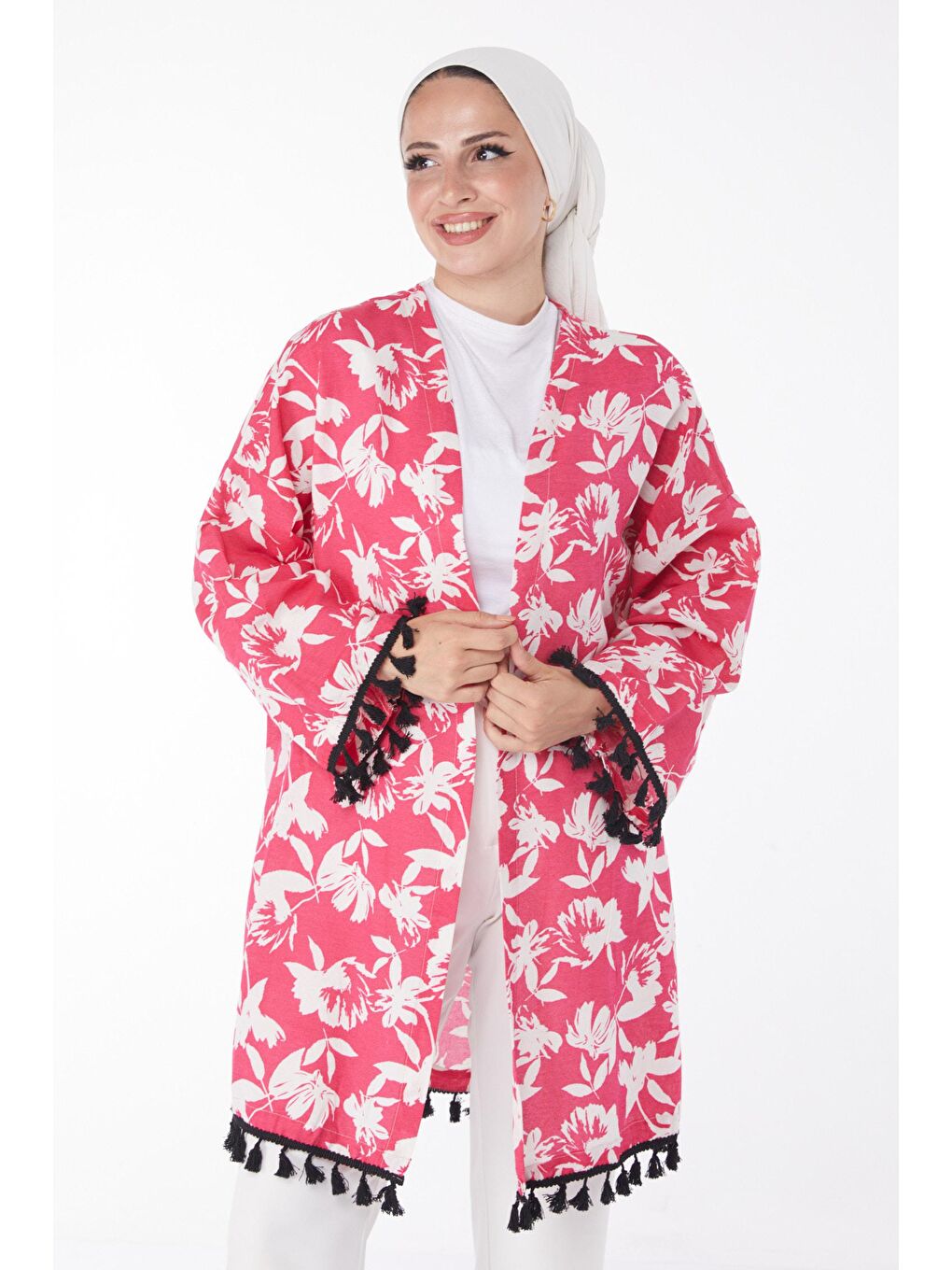 TOFİSA Fuşya Düz Orta Kadın Fuşya Püsküllü Kimono - 13217 - 1