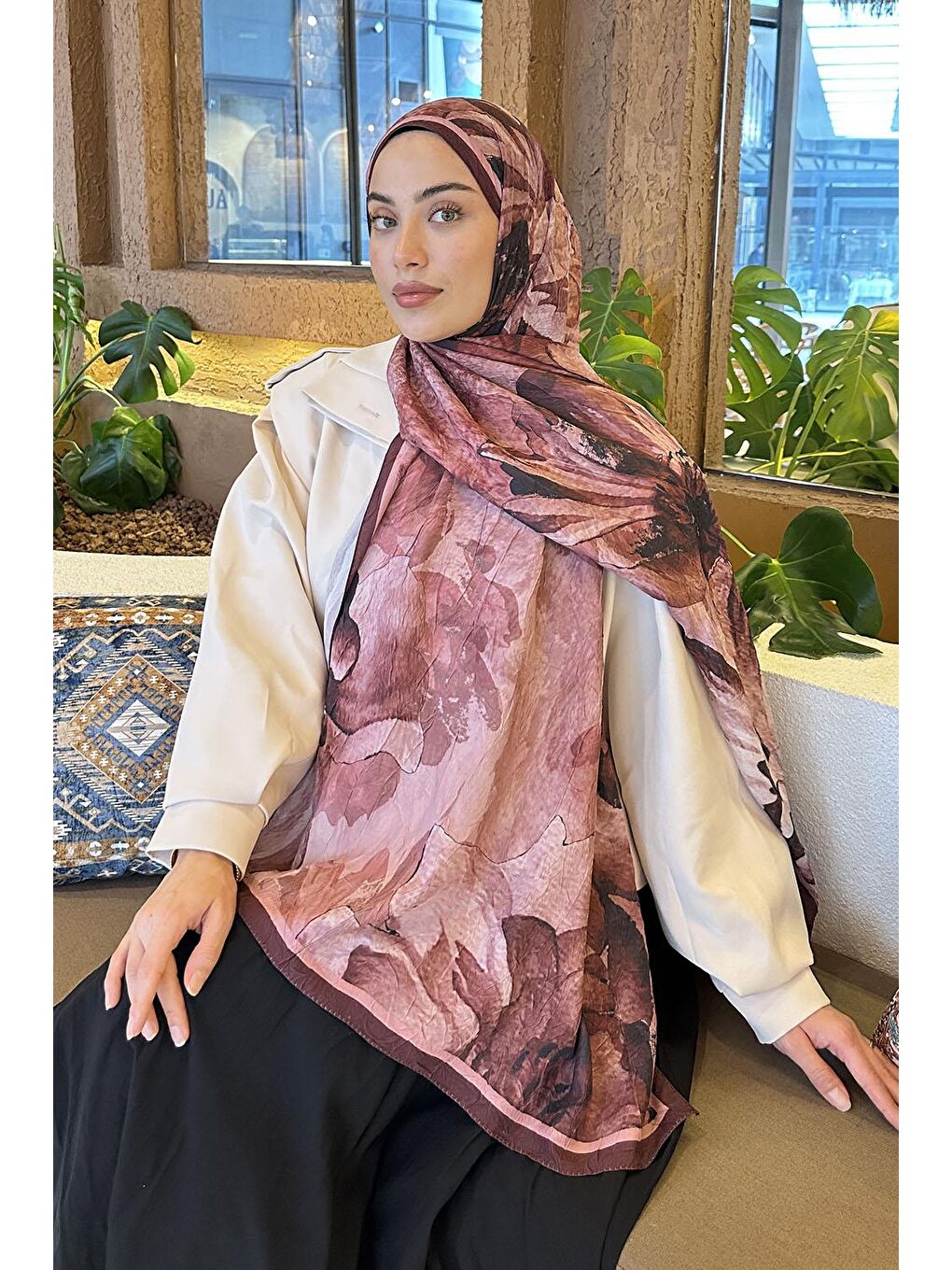 Pembe Floral Desen Bambu Şal Gül