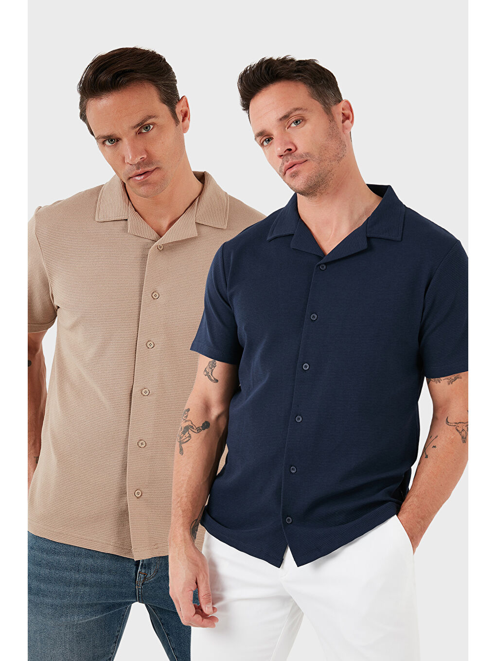 Bej Pamuklu Regular Fit Kısa Kollu 2'li Paket Gömlek 5902640S2