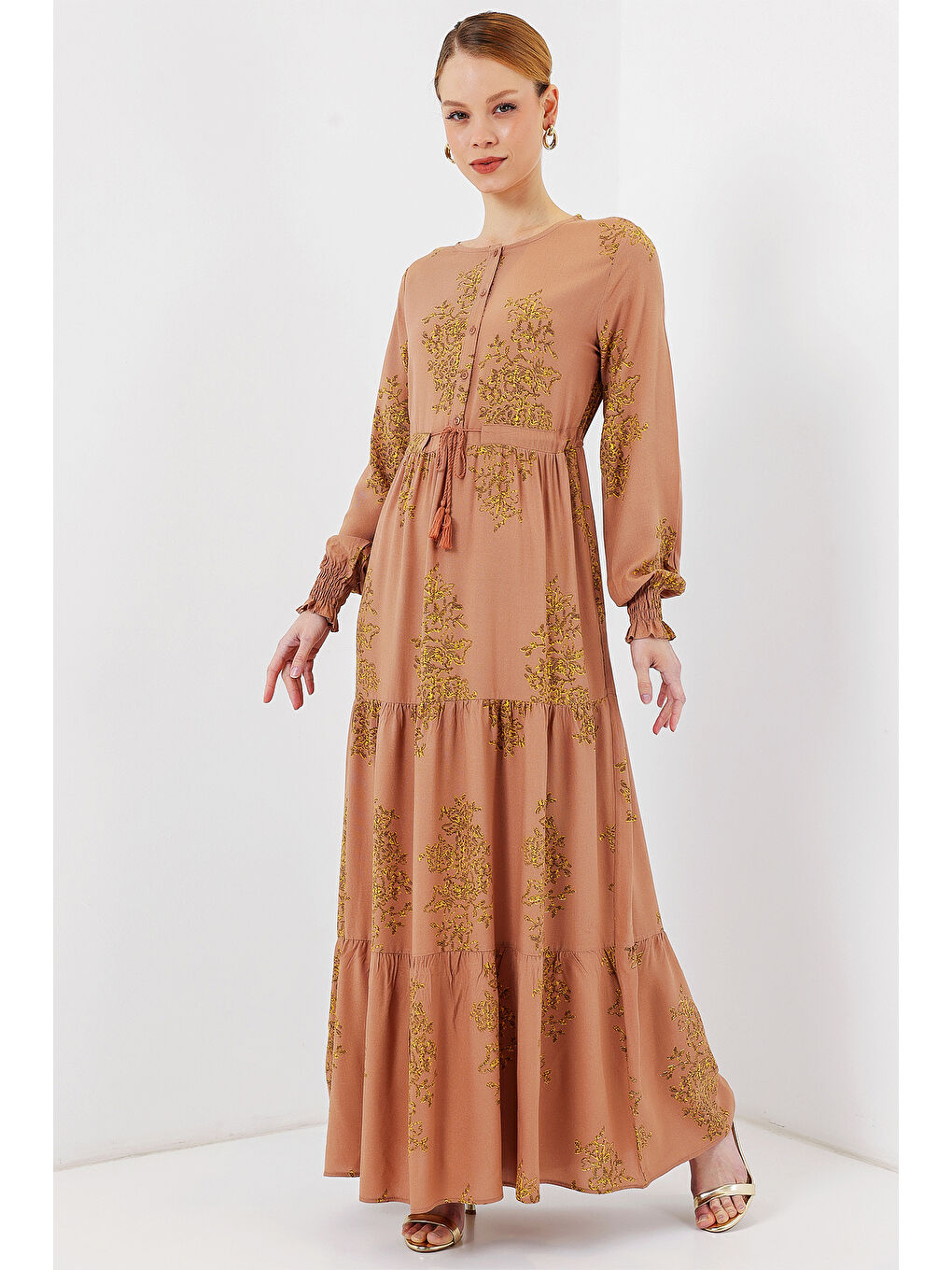 Bej 2145 Desenli Tesettür Elbise - Bisküvi-1