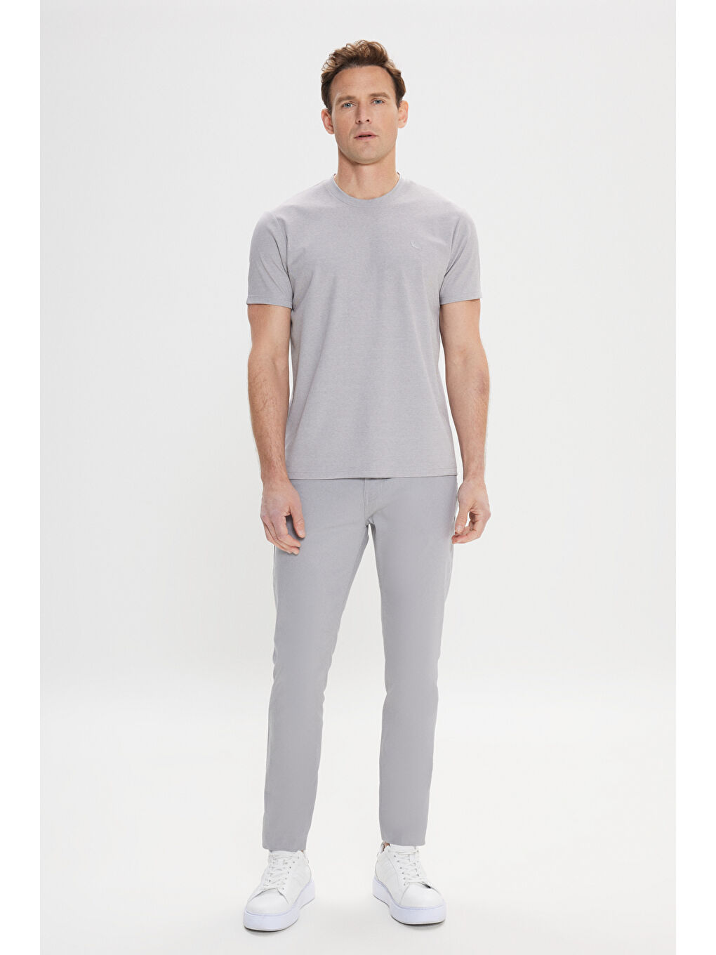 Erkek Gri Slim Fit Dar Kesim Bisiklet Yaka Pamuklu Tişört-1