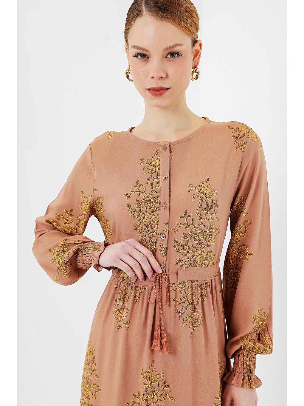 Bej 2145 Desenli Tesettür Elbise - Bisküvi-2