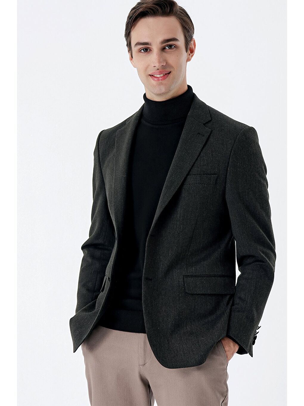 Koyu Haki Mono Yaka Elastanlı 6 Drop Comfort Fit Klasik Ceket 1002235137