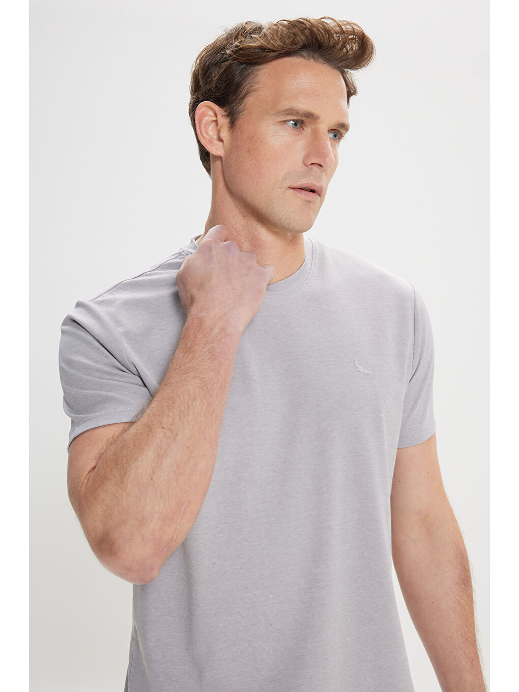 Erkek Gri Slim Fit Dar Kesim Bisiklet Yaka Pamuklu Tişört-3