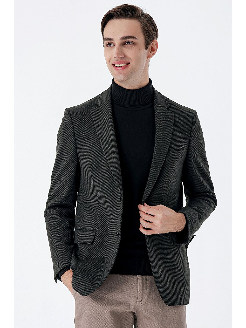 Koyu Haki Mono Yaka Elastanlı 6 Drop Comfort Fit Klasik Ceket 1002235137-1