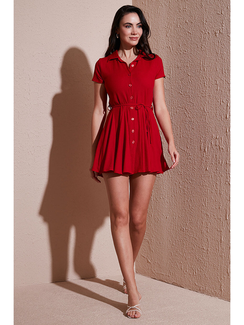 Kırmızı Bağlama Detaylı Mini Gömlek Kadın Elbise 5869006