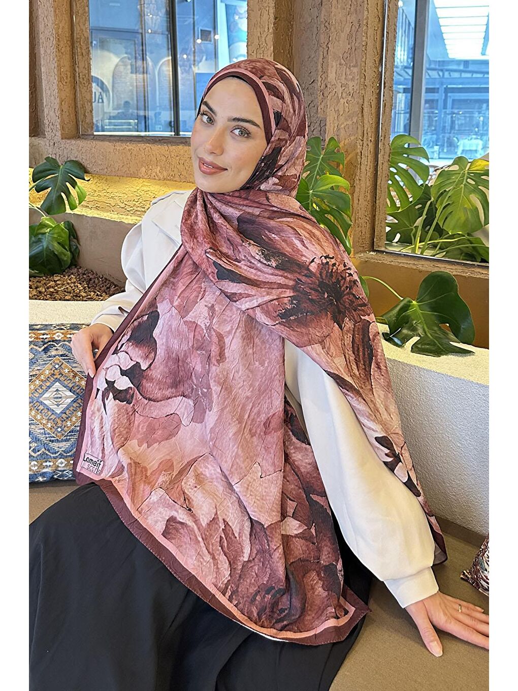 Pembe Floral Desen Bambu Şal Gül-1