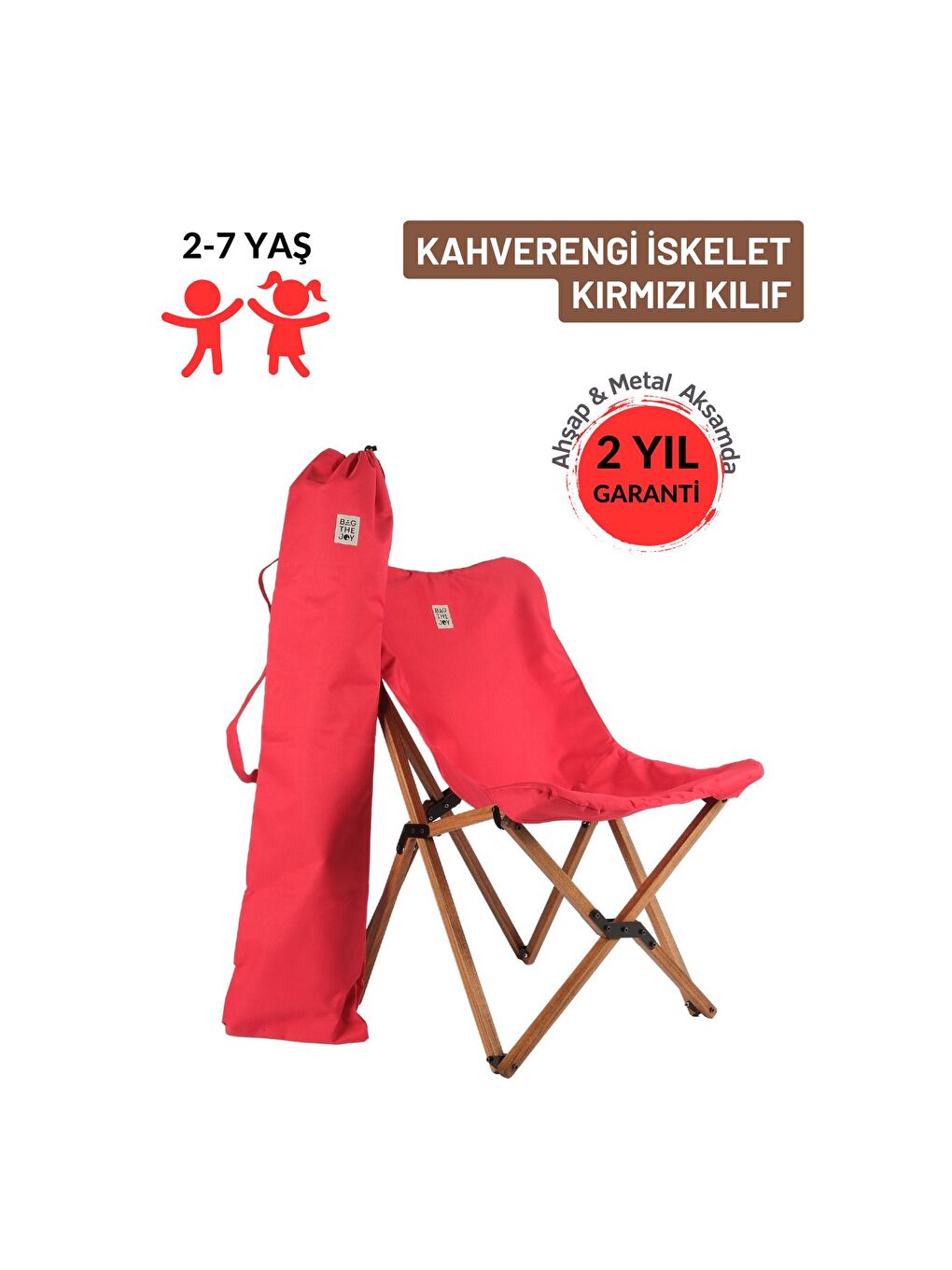 Bag The Joy Kırmızı Kıds Katlanır Ahşap Kamp   Bahçe Sandalyesi Kırmızı İskelet   Kırmızı Kılıf