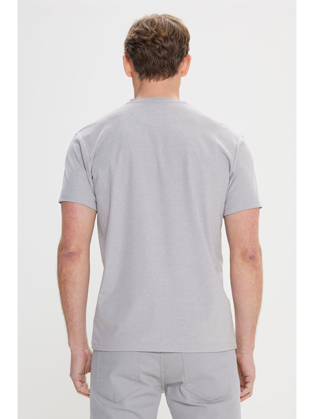 Erkek Gri Slim Fit Dar Kesim Bisiklet Yaka Pamuklu Tişört-4