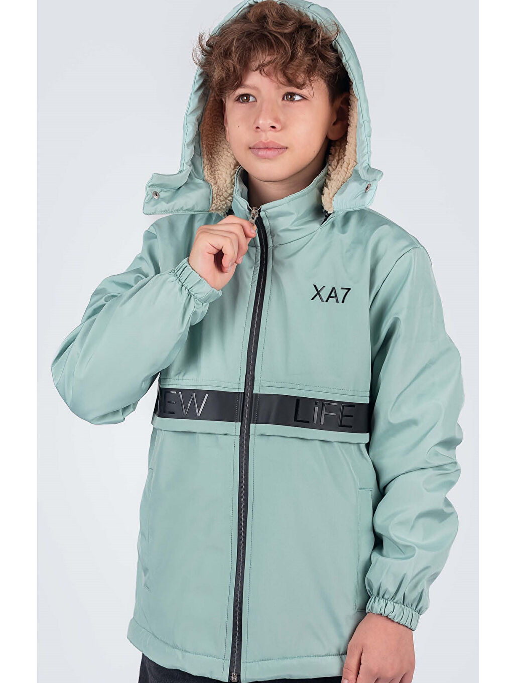 Turkuaz Erkek Çocuk Çıkarılabilir Kapüşonlu New Life Baskılı Kışlık Mont KM7361-4