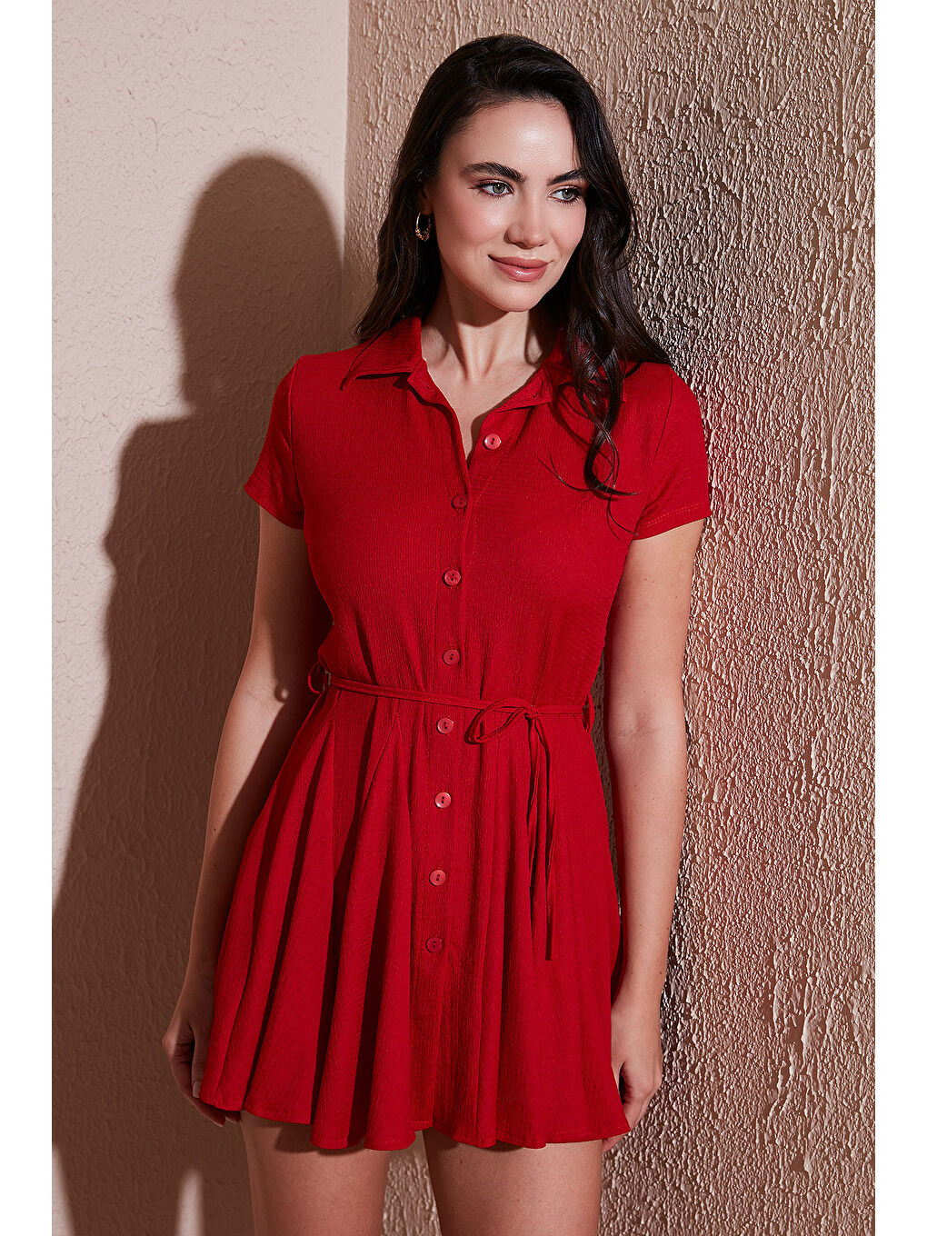 Kırmızı Bağlama Detaylı Mini Gömlek Kadın Elbise 5869006-1