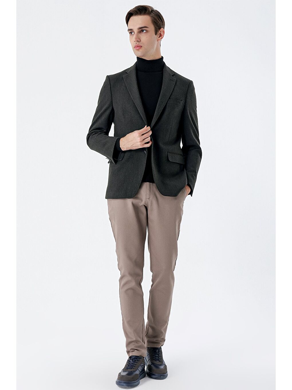 Koyu Haki Mono Yaka Elastanlı 6 Drop Comfort Fit Klasik Ceket 1002235137-3