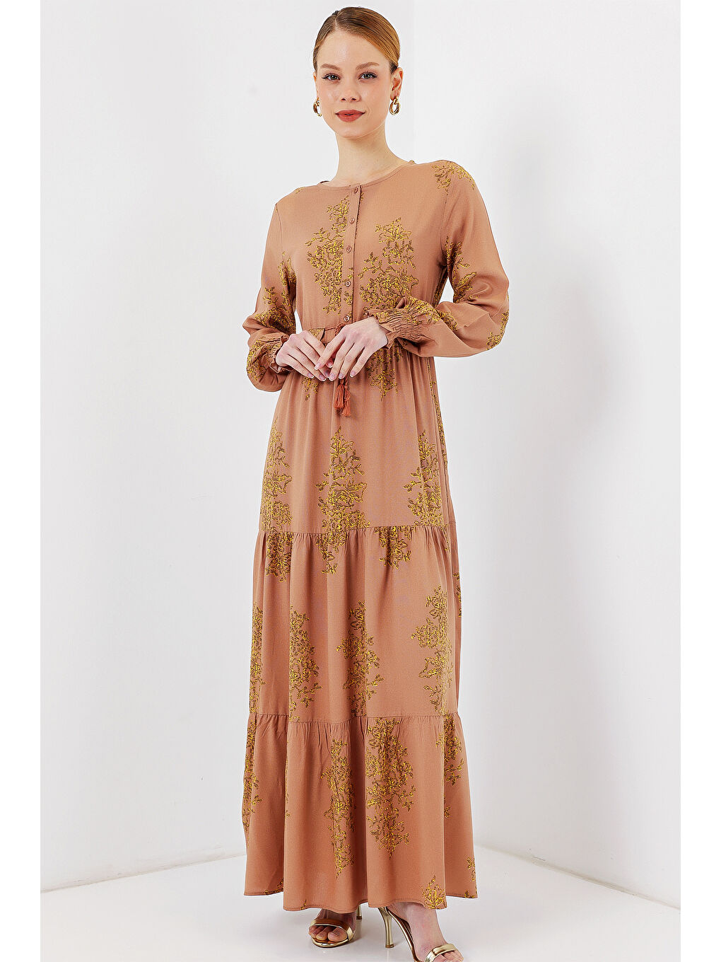 Bej 2145 Desenli Tesettür Elbise - Bisküvi-3