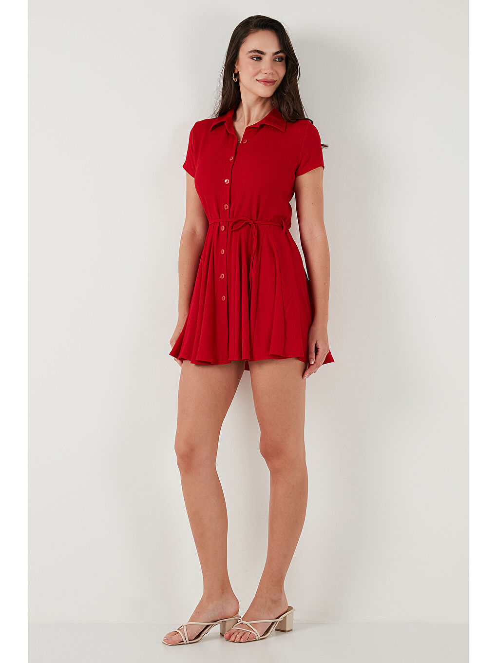 Kırmızı Bağlama Detaylı Mini Gömlek Kadın Elbise 5869006-2