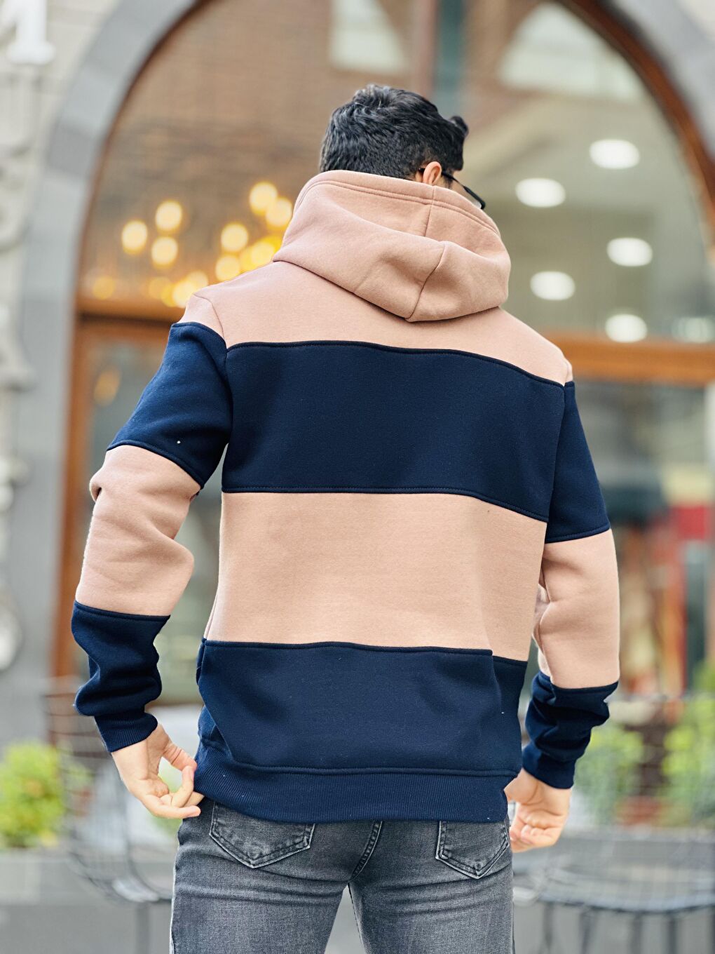 Miron Camel Kamel Lacivert Blok Parçalı Overisize Kapşonlu Üç iplik Sweatshirt - 1