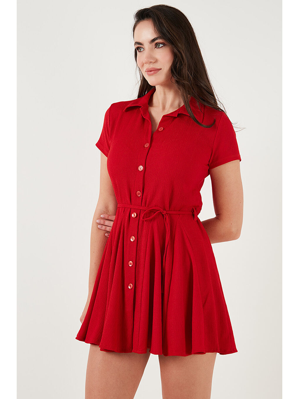 Kırmızı Bağlama Detaylı Mini Gömlek Kadın Elbise 5869006-3