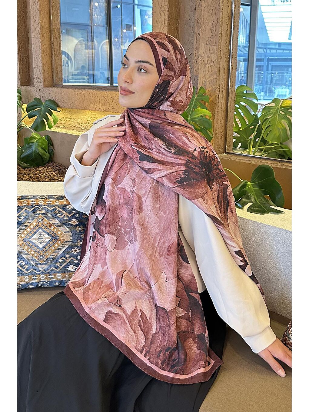 Pembe Floral Desen Bambu Şal Gül-2