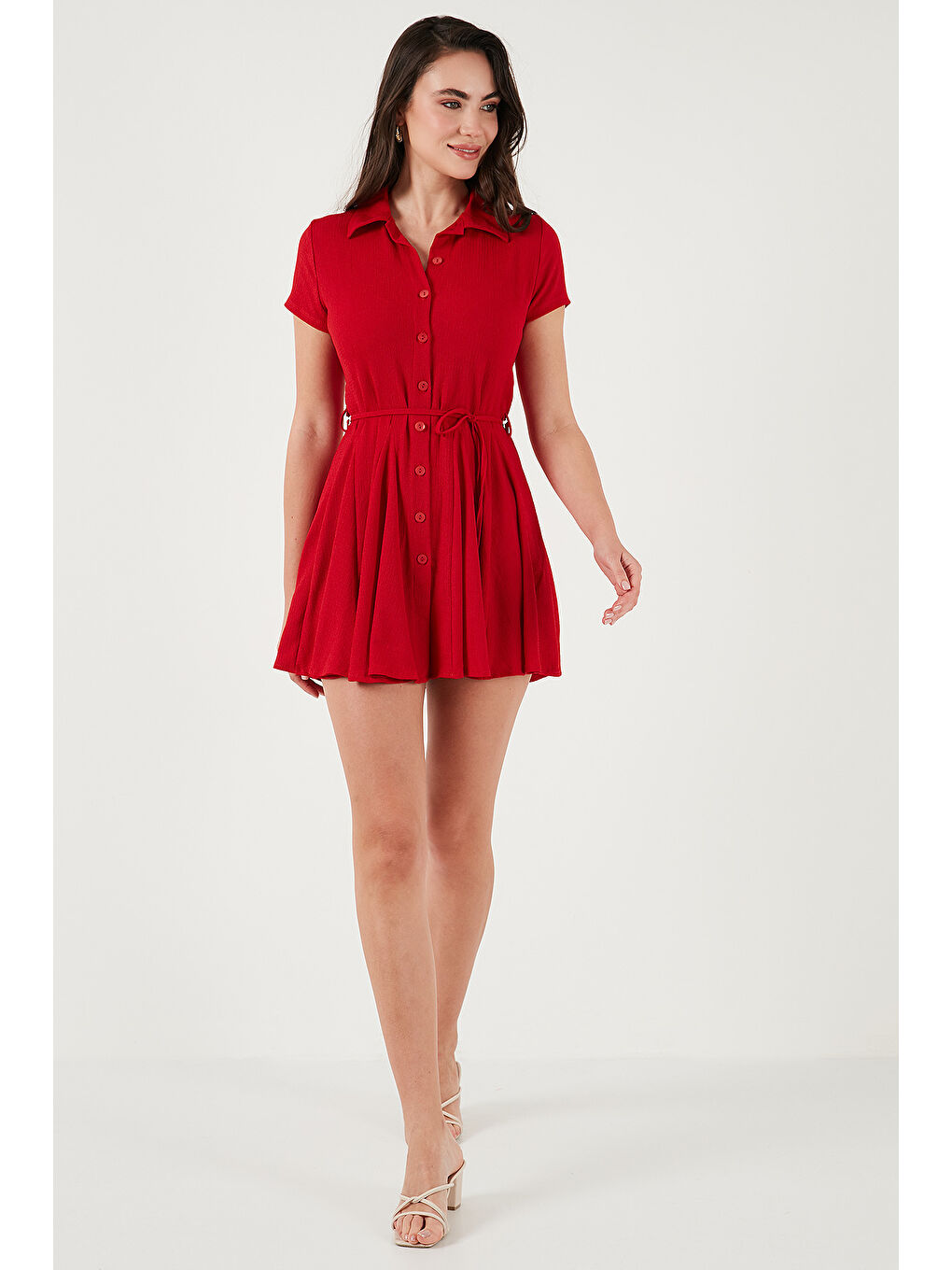 Kırmızı Bağlama Detaylı Mini Gömlek Kadın Elbise 5869006-4