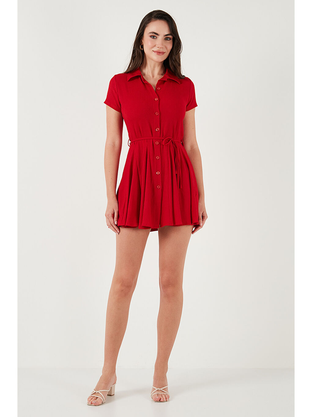 Kırmızı Bağlama Detaylı Mini Gömlek Kadın Elbise 5869006-5