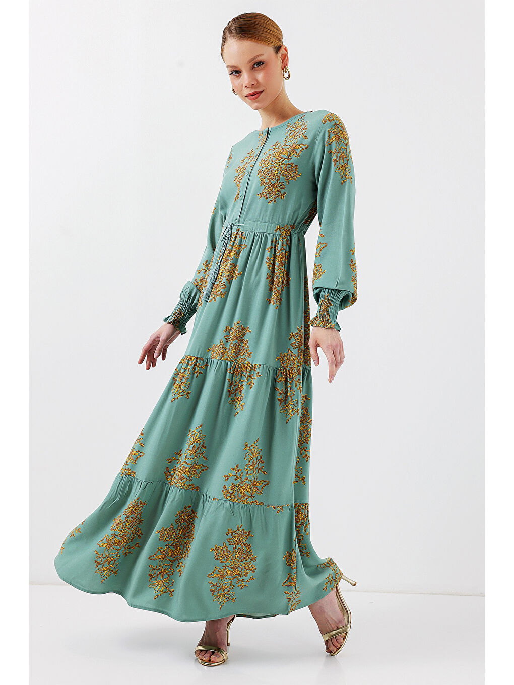 Yeşil 2145 Desenli Tesettür Elbise - Mint