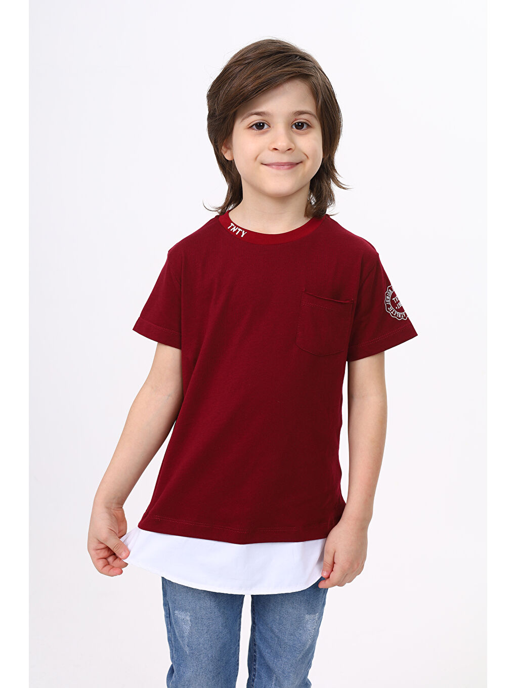 Bordo Erkek Çocuk Cepli Pamuklu Tişört-4