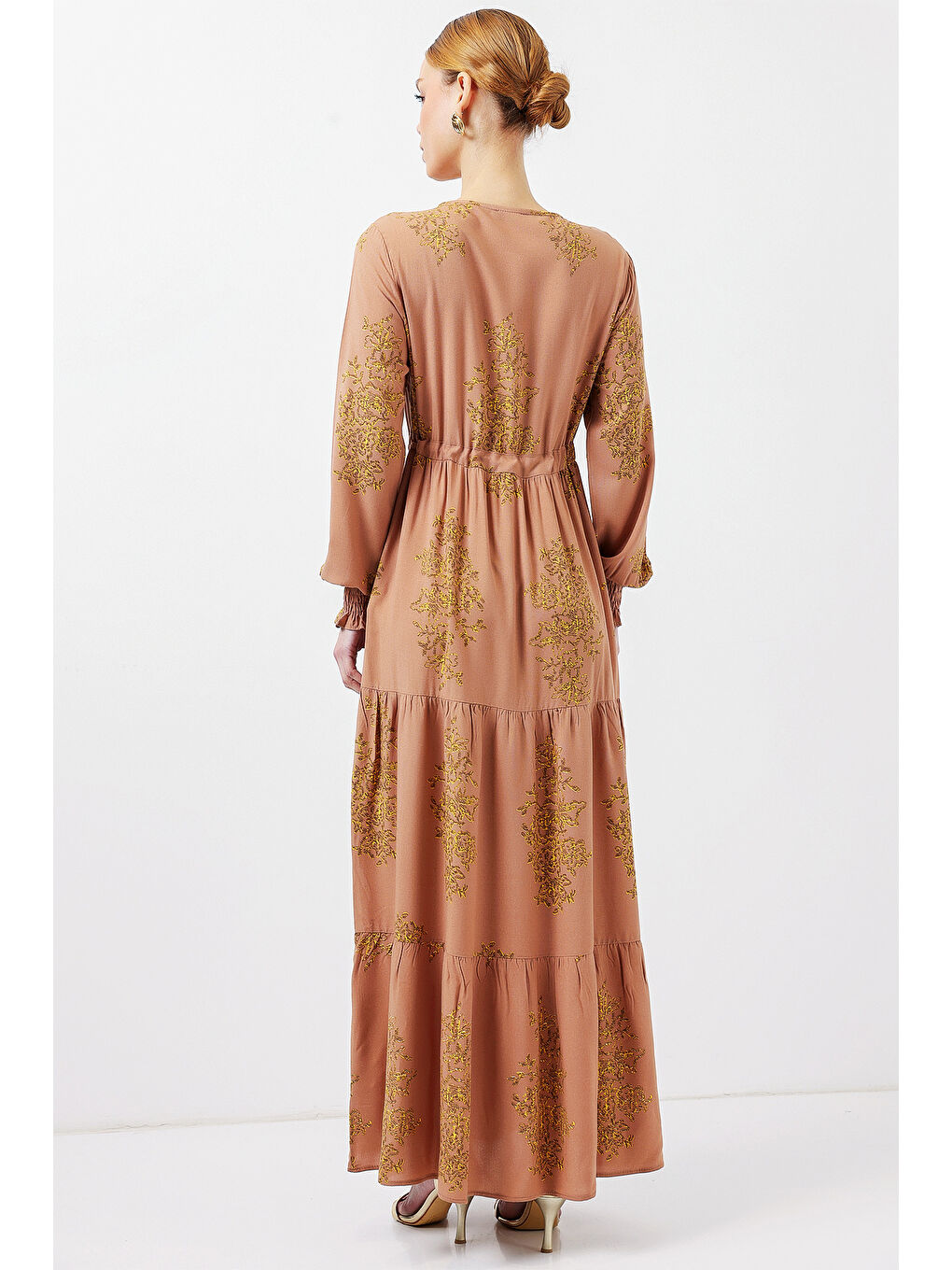 Bej 2145 Desenli Tesettür Elbise - Bisküvi-5