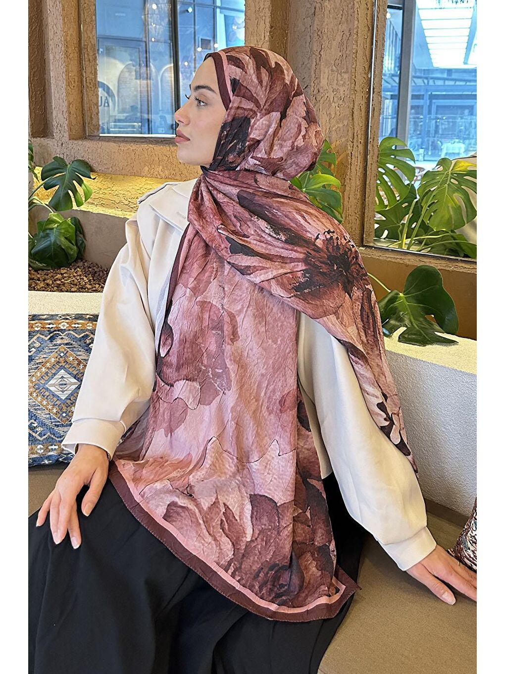 Pembe Floral Desen Bambu Şal Gül-3