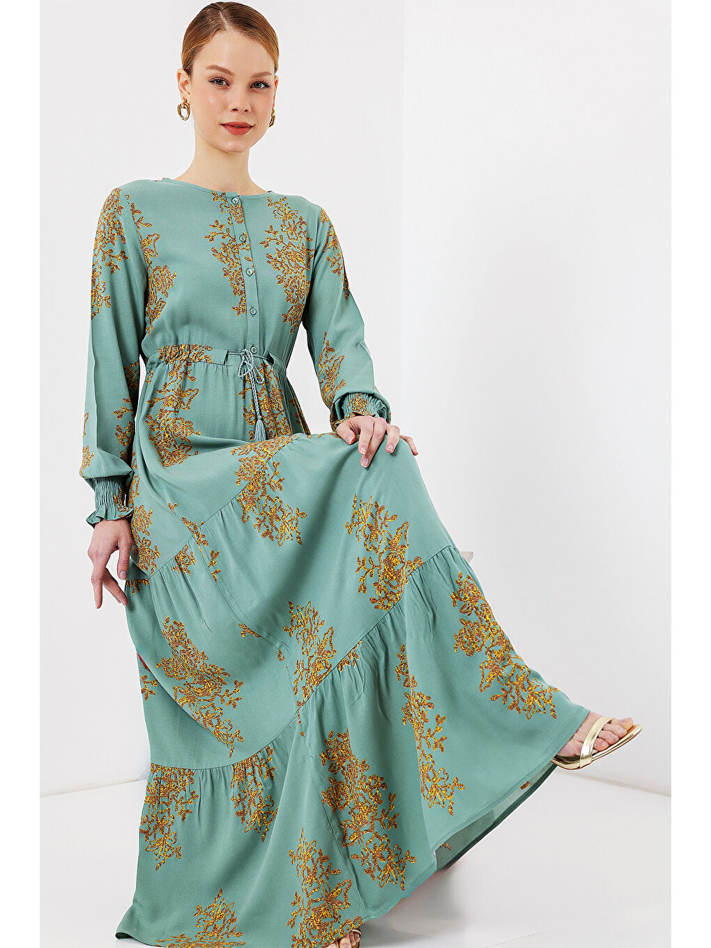 Yeşil 2145 Desenli Tesettür Elbise - Mint-1