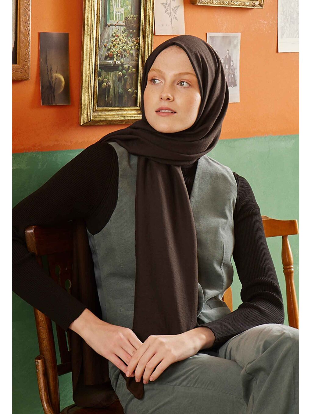 Kahverengi Pamuk Crash Şal Acı Kahve