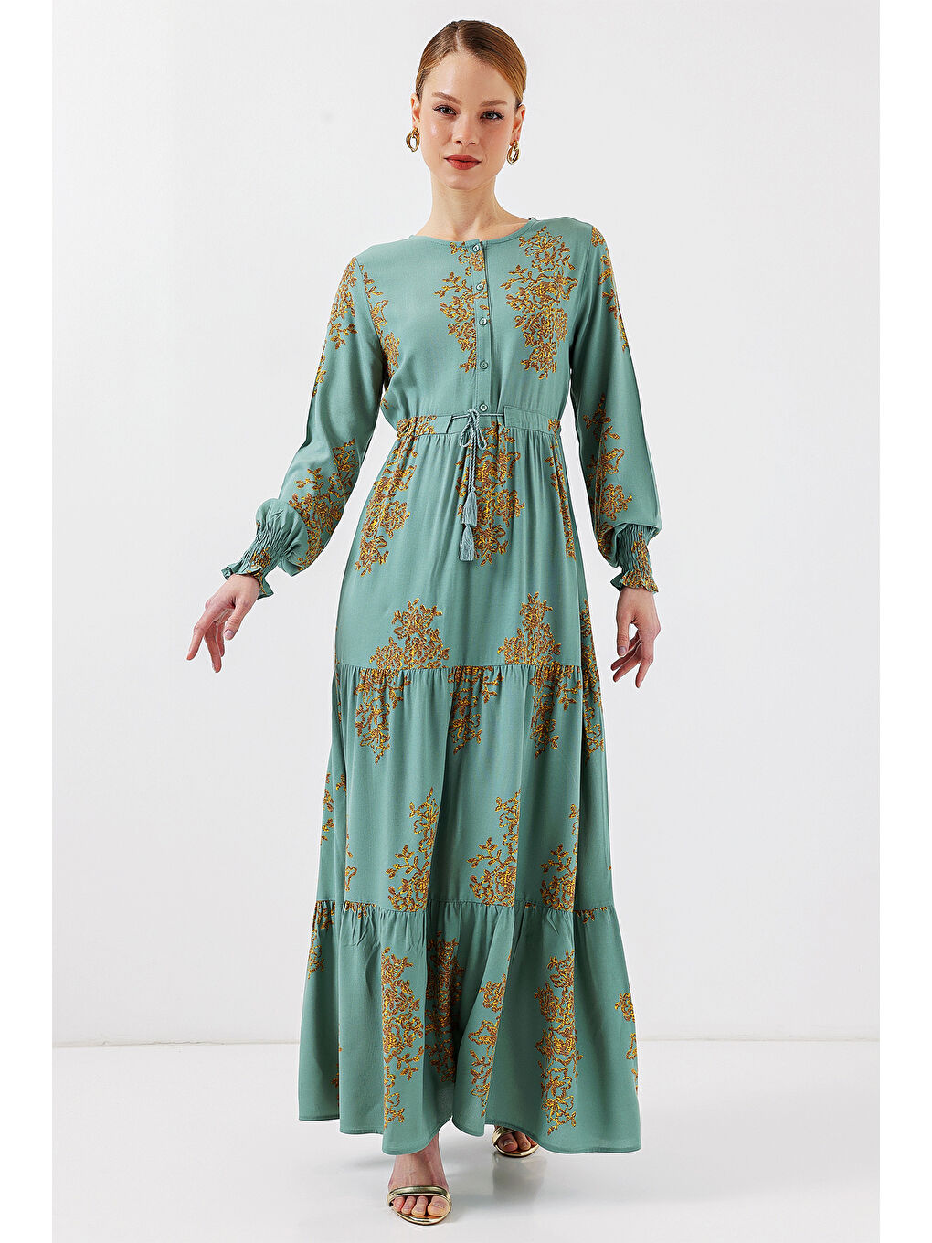 Yeşil 2145 Desenli Tesettür Elbise - Mint-2