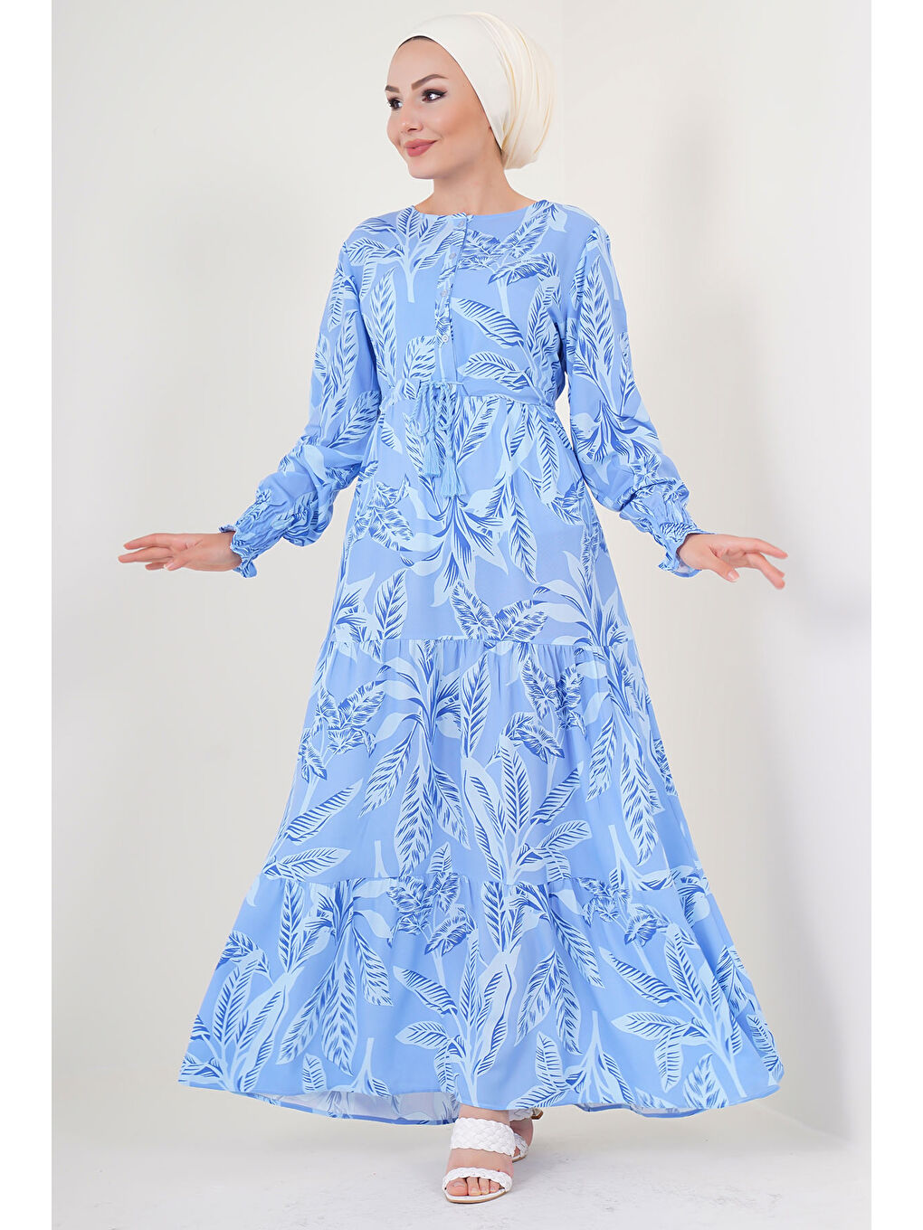 2145 Desenli Tesettür Elbise - Mavi-1