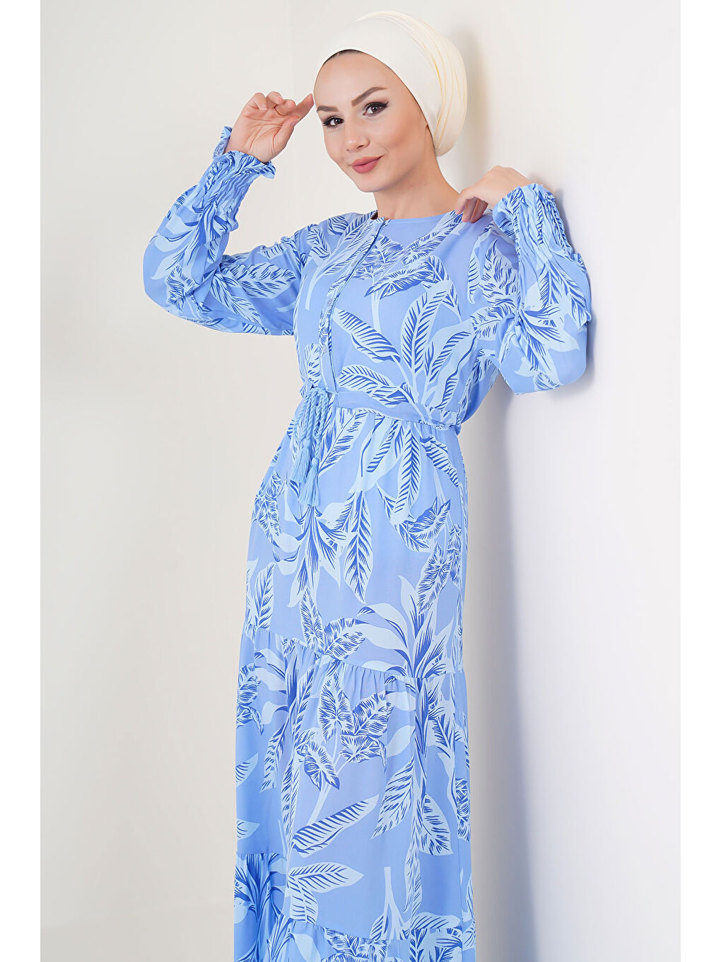 2145 Desenli Tesettür Elbise - Mavi-3