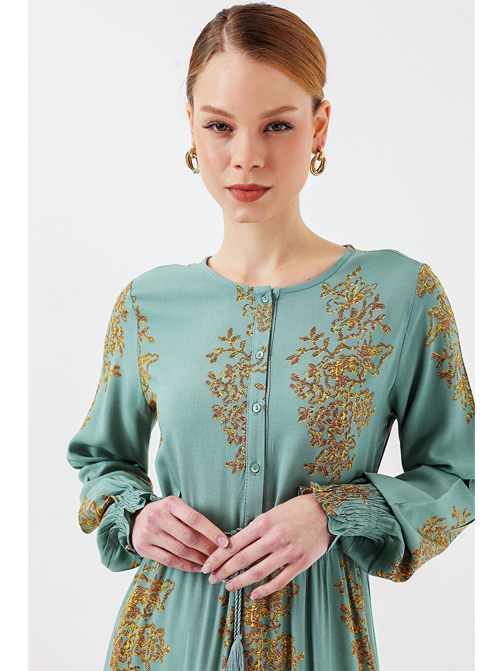 Yeşil 2145 Desenli Tesettür Elbise - Mint-3