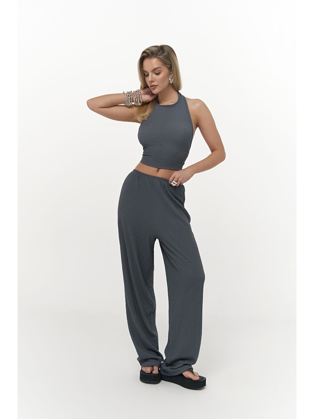 Gri Ayshe Bağlamalı Füme Crop Pantolon Takım-2